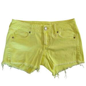 American Eagle Bright Yellow Denim Shorts Stretch Cut Off Size 2